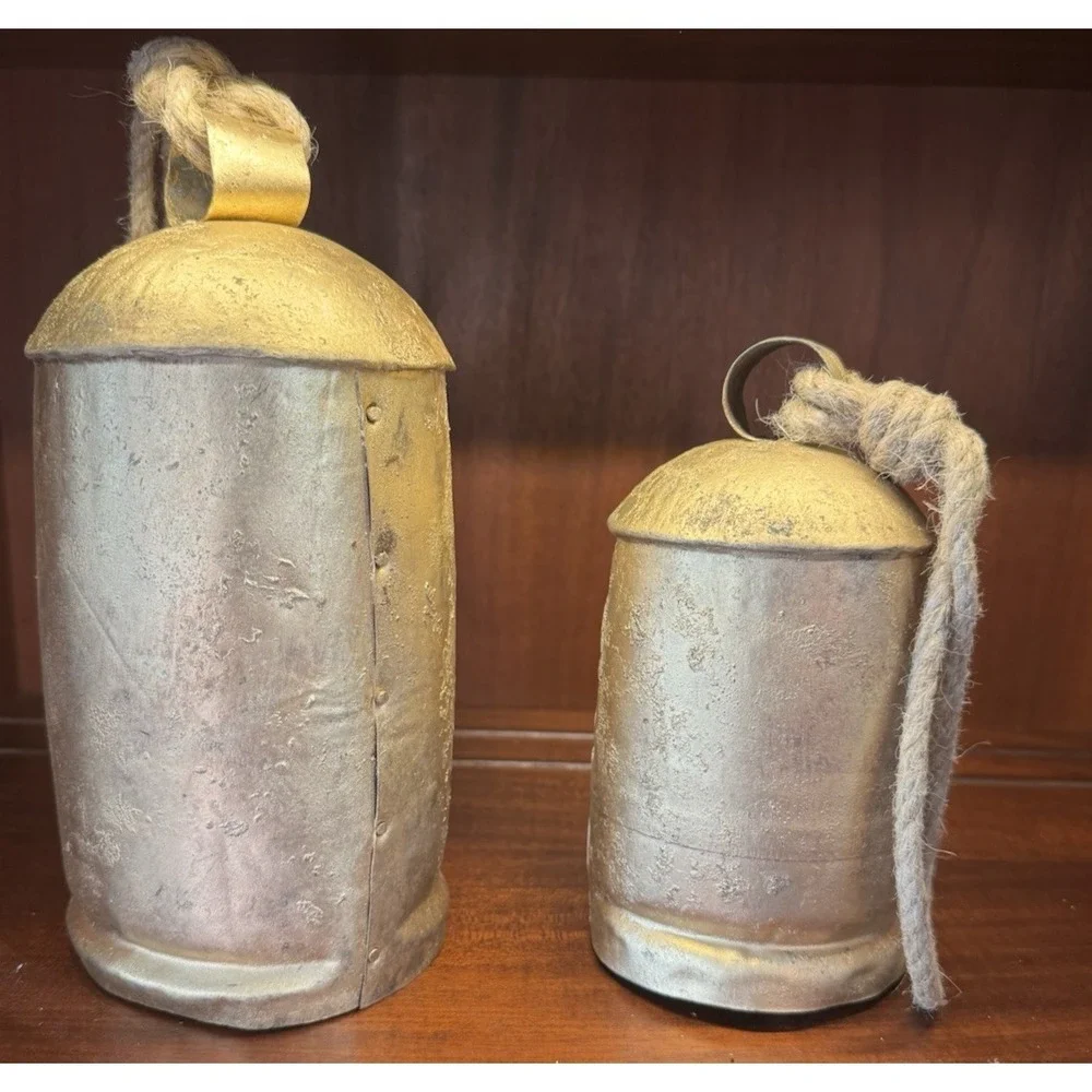 Rustic Metal BellSet of 2‎ Rope Hanging Farmhouse Cottage Decor